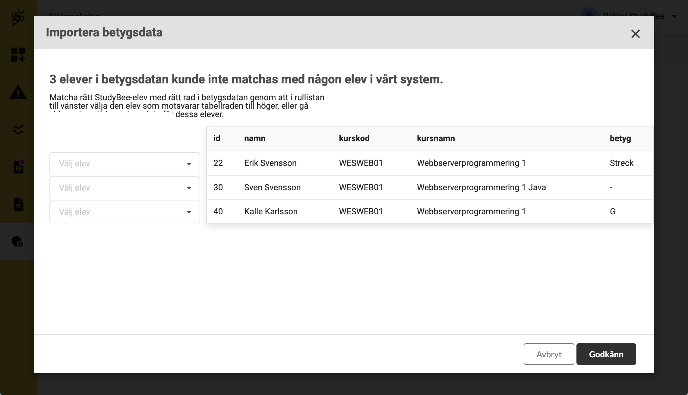 StudyBee Importera betygsdata matcha elev inget förslag.png